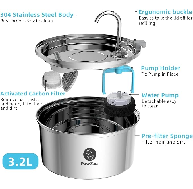 Paw Zara Smart Cat Water Fountain – 3.2L – Stainless Steel – Wired – Single Filter