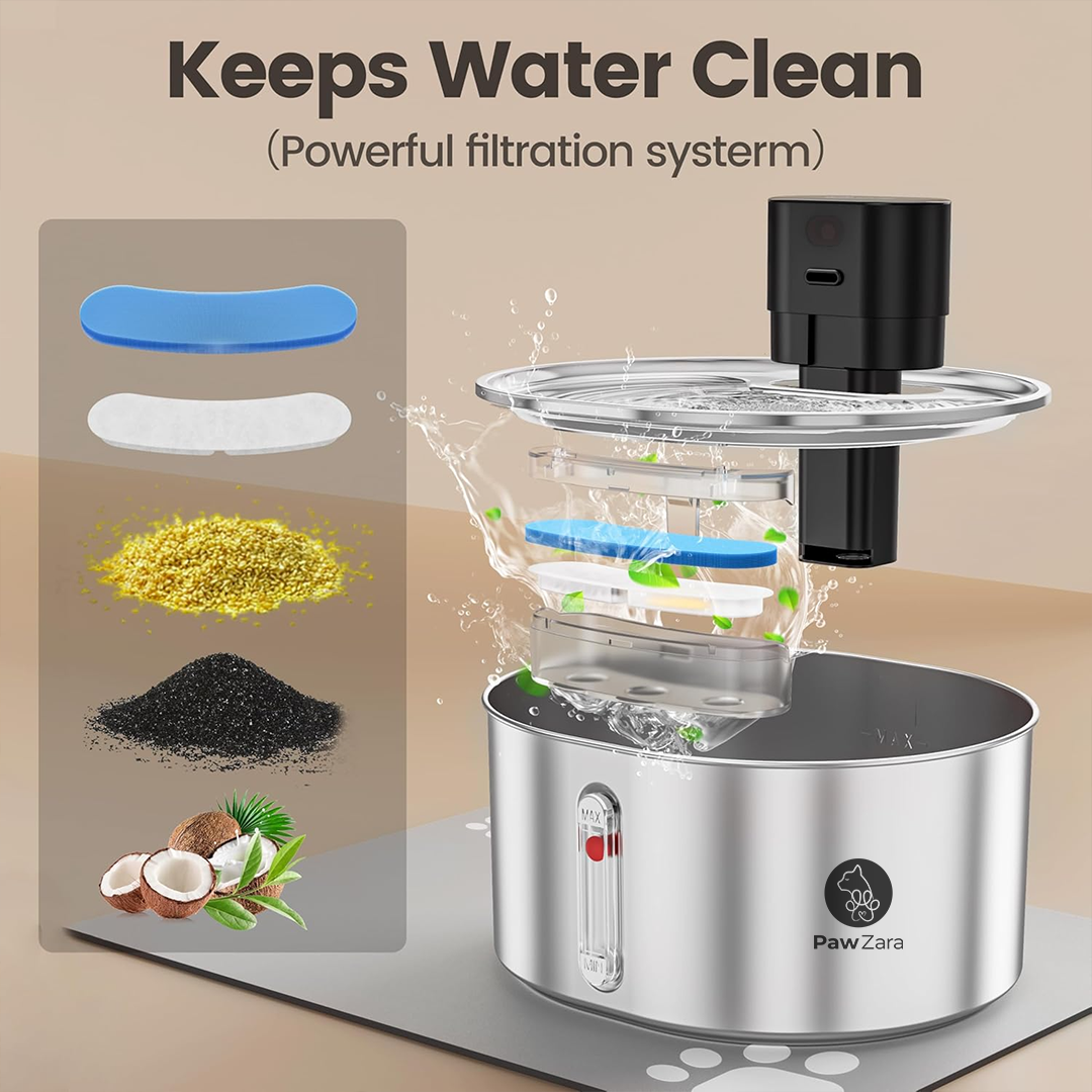Paw Zara Smart Cat Water Fountain – 3.2L – Stainless Steel – BATTERY – 2 Filters