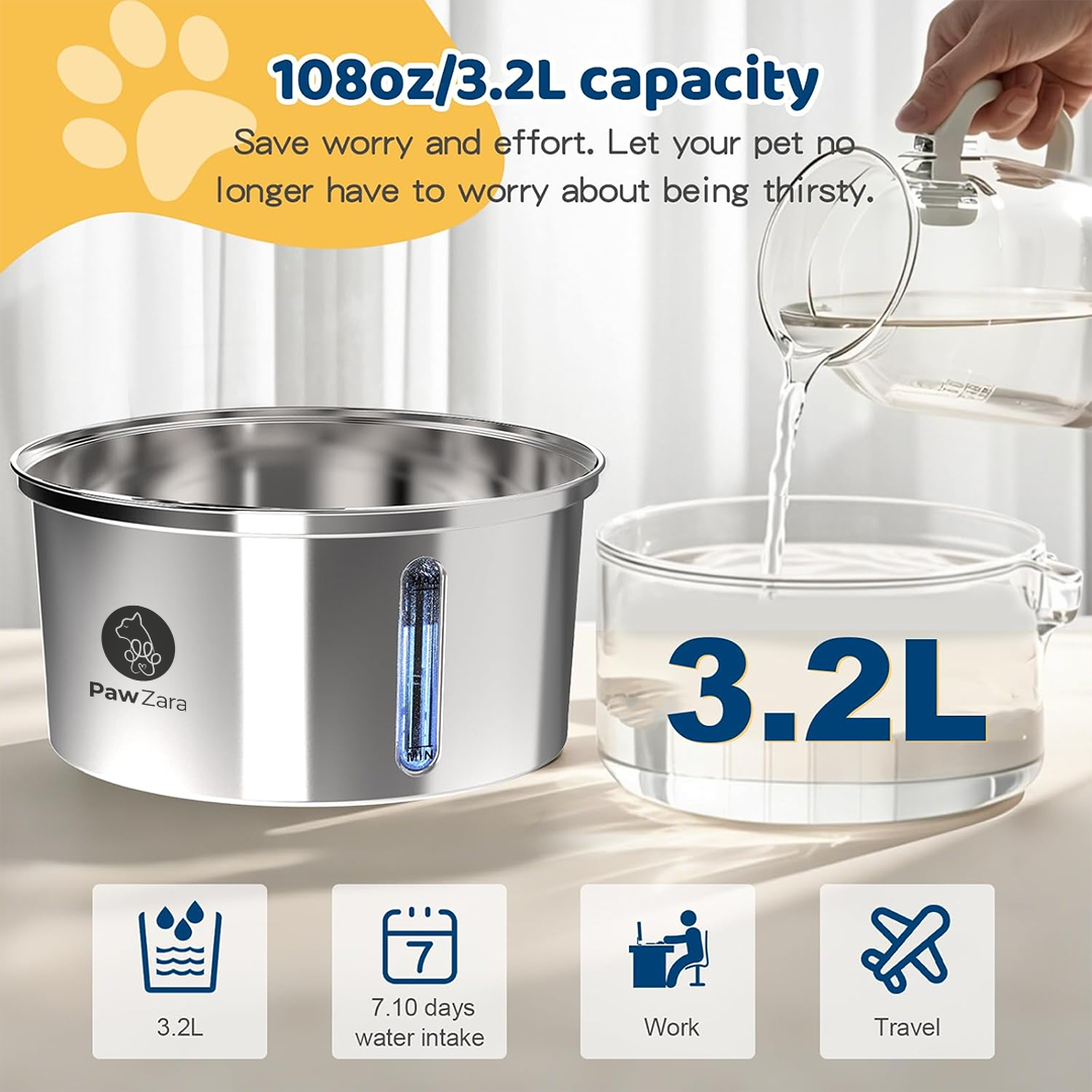 Paw Zara Smart Cat Water Fountain – 3.2L – Stainless Steel – BATTERY – Single Filter