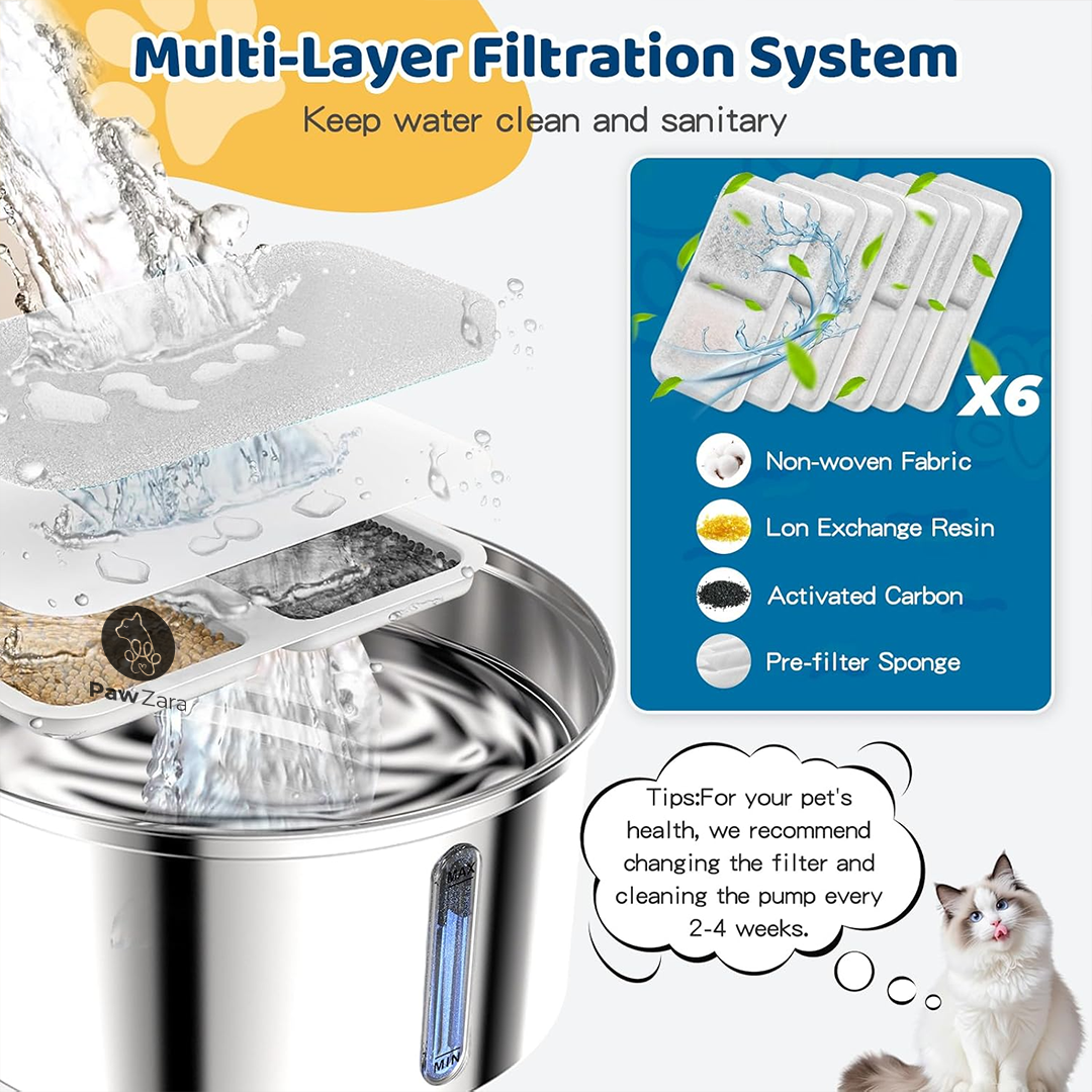 Paw Zara Smart Cat Water Fountain – 3.2L – Stainless Steel – BATTERY – Single Filter